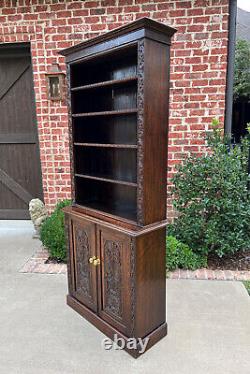 Antique English Bookcase Display Shelf Cabinet Two-Piece Carved Oak c. 1920s