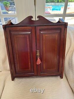 Antique English Edwardian Inlaid Mahogany Wall Hanging Cabinet With Working Lock