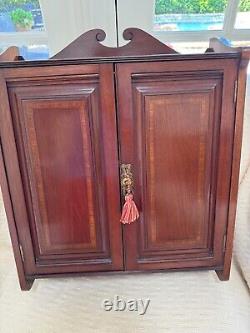 Antique English Edwardian Inlaid Mahogany Wall Hanging Cabinet With Working Lock