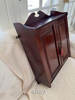 Antique English Edwardian Inlaid Mahogany Wall Hanging Cabinet With Working Lock