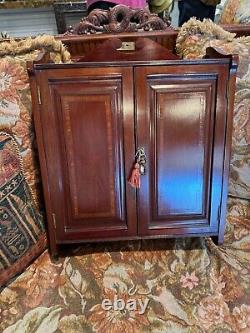 Antique English Edwardian Inlaid Mahogany Wall Hanging Cabinet With Working Lock