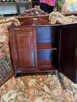 Antique English Edwardian Inlaid Mahogany Wall Hanging Cabinet With Working Lock