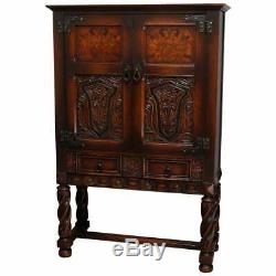 Antique English Edwardian Style Inlaid and Carved Oak China Cabinet, circa 1920