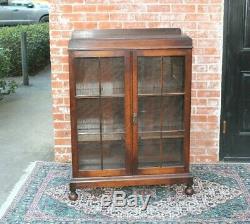 Antique English Oak 2 Glass Door Bookcase / Display Cabinet