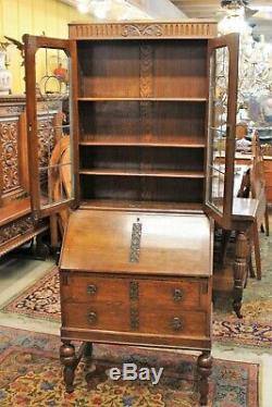 Antique English Oak Art Deco 2 Drawer Secretary Desk Leaded Glass Door Bookcase