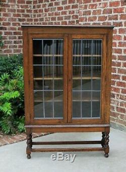 Antique English Oak Barley Twist Legs Bookcase Display Cabinet Glass Doors withKey