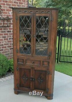 Antique English Oak Bookcase Display CORNER Cabinet Leaded Glass with Drawer