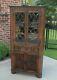 Antique English Oak Bookcase Display Corner Cabinet Leaded Glass With Drawer