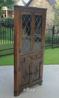 Antique English Oak Bookcase Display CORNER Cabinet Leaded Glass with Drawer