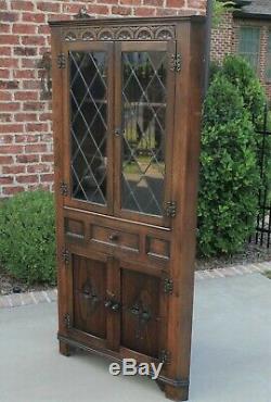 Antique English Oak Bookcase Display CORNER Cabinet Leaded Glass with Drawer