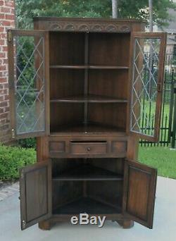 Antique English Oak Bookcase Display CORNER Cabinet Leaded Glass with Drawer