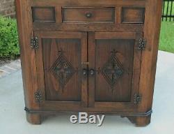 Antique English Oak Bookcase Display CORNER Cabinet Leaded Glass with Drawer