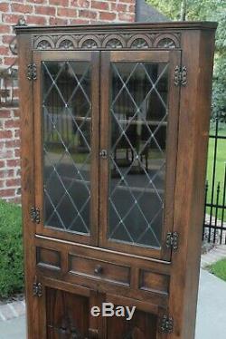 Antique English Oak Bookcase Display CORNER Cabinet Leaded Glass with Drawer