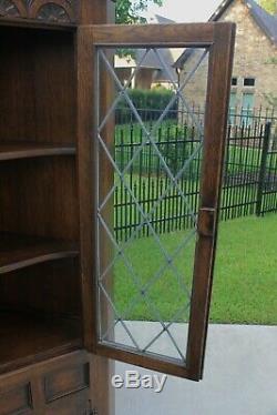 Antique English Oak Bookcase Display CORNER Cabinet Leaded Glass with Drawer