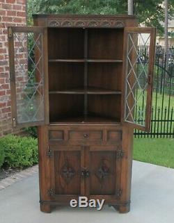 Antique English Oak Bookcase Display CORNER Cabinet Leaded Glass with Drawer