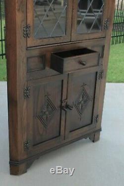 Antique English Oak Bookcase Display CORNER Cabinet Leaded Glass with Drawer