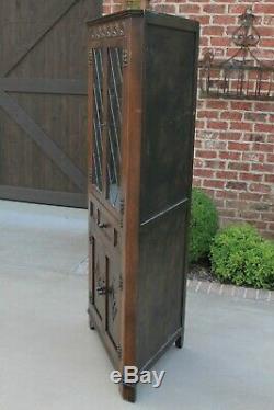 Antique English Oak Bookcase Display CORNER Cabinet Leaded Glass with Drawer