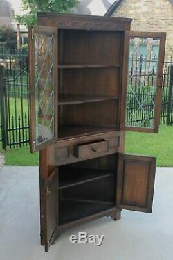 Antique English Oak Bookcase Display CORNER Cabinet Leaded Glass with Drawer