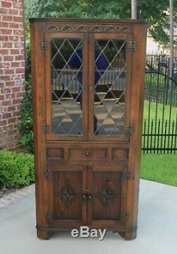 Antique English Oak Bookcase Display CORNER Cabinet Leaded Glass with Drawer