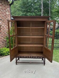 Antique English Oak Bookcase Display Cabinet Jacobean Barley Twist Glass Doors