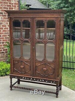 Antique English Oak Bookcase Display Cabinet Jacobean Barley Twist Glass Doors