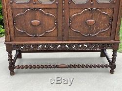 Antique English Oak Bookcase Display Cabinet Jacobean Barley Twist Glass Doors