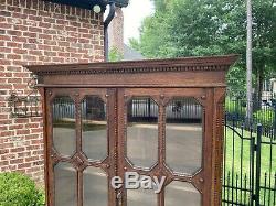 Antique English Oak Bookcase Display Cabinet Jacobean Barley Twist Glass Doors