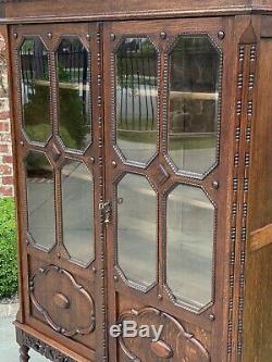 Antique English Oak Bookcase Display Cabinet Jacobean Barley Twist Glass Doors