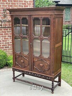 Antique English Oak Bookcase Display Cabinet Jacobean Barley Twist Glass Doors