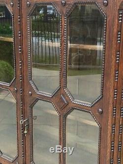 Antique English Oak Bookcase Display Cabinet Jacobean Barley Twist Glass Doors