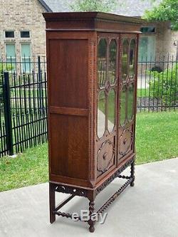 Antique English Oak Bookcase Display Cabinet Jacobean Barley Twist Glass Doors