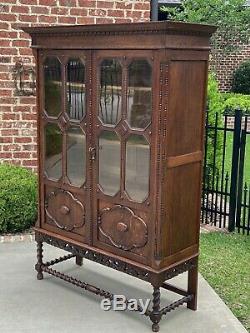 Antique English Oak Bookcase Display Cabinet Jacobean Barley Twist Glass Doors