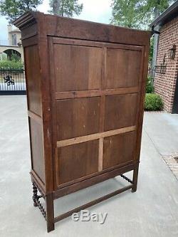 Antique English Oak Bookcase Display Cabinet Jacobean Barley Twist Glass Doors