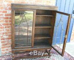Antique English Oak Jacobean 2 Glass Door Bookcase / Display Cabinet