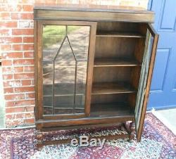 Antique English Oak Jacobean 2 Glass Door Bookcase / Display Cabinet