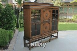 Antique English Oak Jacobean Barley Twist Bookcase Display Cabinet Triple Doors