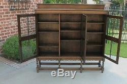 Antique English Oak Jacobean Barley Twist Bookcase Display Cabinet Triple Doors