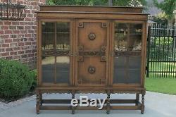 Antique English Oak Jacobean Barley Twist Bookcase Display Cabinet Triple Doors