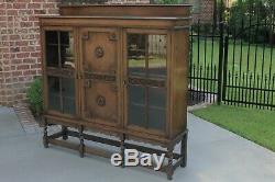 Antique English Oak Jacobean Barley Twist Bookcase Display Cabinet Triple Doors