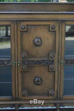 Antique English Oak Jacobean Barley Twist Bookcase Display Cabinet Triple Doors