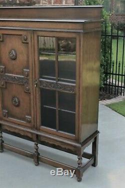 Antique English Oak Jacobean Barley Twist Bookcase Display Cabinet Triple Doors