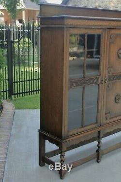 Antique English Oak Jacobean Barley Twist Bookcase Display Cabinet Triple Doors