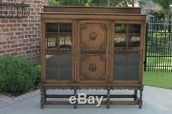 Antique English Oak Jacobean Barley Twist Bookcase Display Cabinet Triple Doors