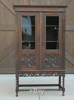 Antique English Oak Jacobean Barley Twist Cottage Bookcase Display Cabinet