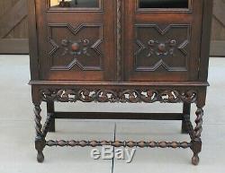 Antique English Oak Jacobean Barley Twist Cottage Bookcase Display Cabinet