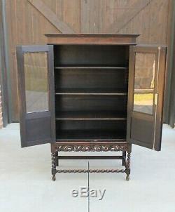 Antique English Oak Jacobean Barley Twist Cottage Bookcase Display Cabinet