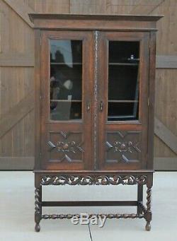 Antique English Oak Jacobean Barley Twist Cottage Bookcase Display Cabinet