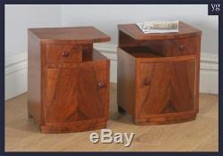 Antique English Pair Art Deco Figured Walnut Bedside Cupboards Tables Nighstands