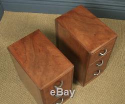 Antique English Pair Art Deco Walnut Bedside Chests Cabinets Nightstands Tables