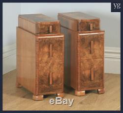 Antique English Pair of Art Deco Burr Walnut Bedside Chests Cupboards Tables